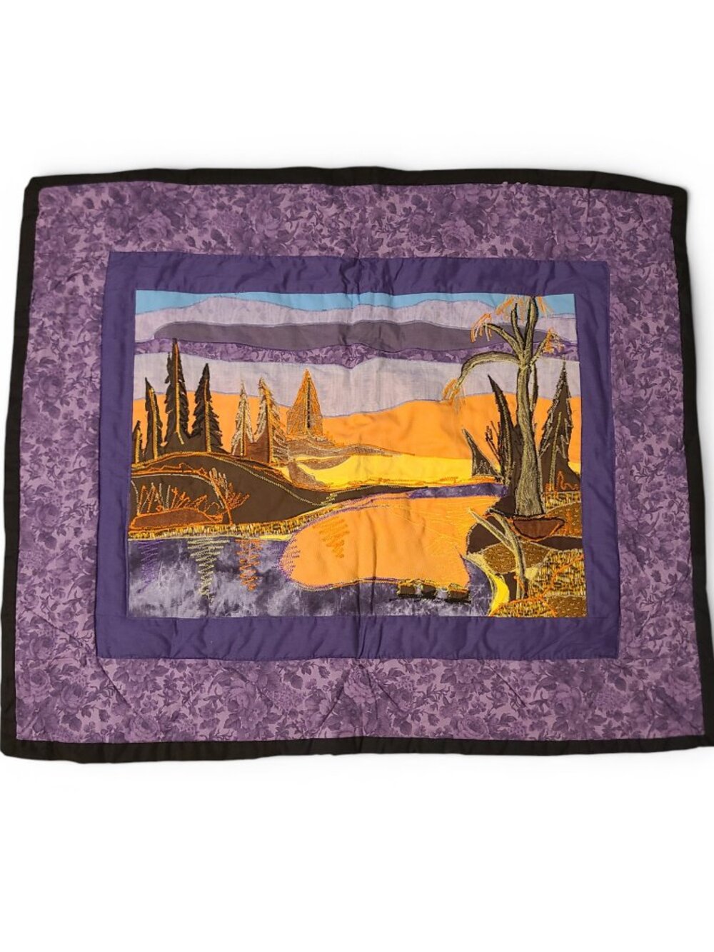 Vintage Handmade Quilted Landscape Desert Scene Purple Orange Yellow Sunset